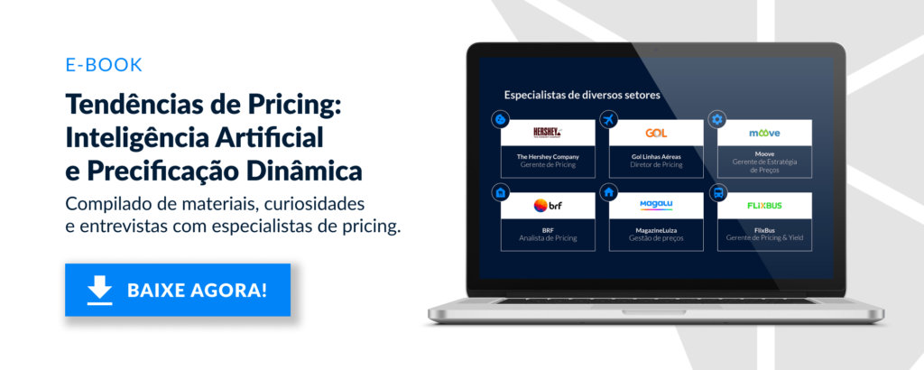 Banner promocional de um e-book intitulado 'Tendências de Pricing: Inteligência Artificial e Precificação Dinâmica'. O design apresenta um fundo claro com texto em destaque na cor azul escuro. À esquerda, informações sobre o e-book, incluindo a descrição: 'Compilado de materiais, curiosidades e entrevistas com especialistas de pricing'. Um botão azul com o texto 'Baixe Agora!' está localizado na parte inferior. À direita, uma ilustração de um laptop exibindo logos de empresas e cargos relacionados a especialistas em precificação, como Hershey, Gol Linhas Aéreas, BRF e Magazine Luiza.